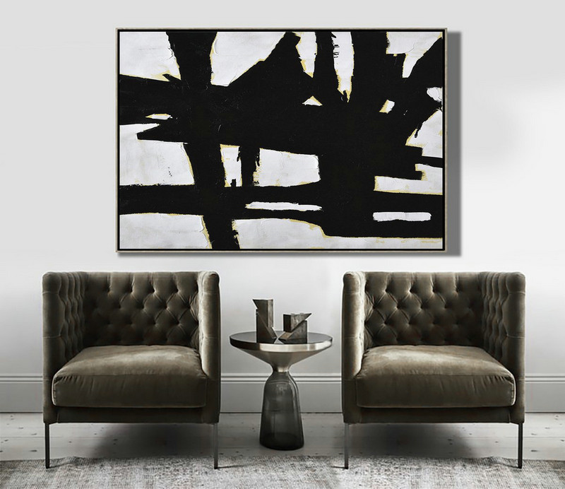 Large Abstract Art Handmade Acrylic Painting,Horizontal Palette Knife Minimal Canvas Art Painting Black White Beige - Hand Painted Acrylic Painting